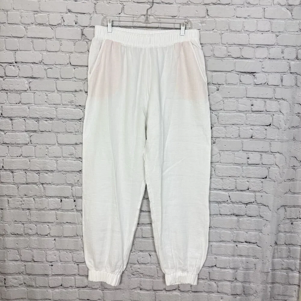 Hanro Women L White Relaxed Fit Jogger Pants Loungewear Sleepwear L Cotton Gauze